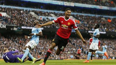 Manchester United's Marcus Rashford celebrates a goal against Manchester City last season. Jason Cairnduff / Action Images / Reuters / March 20, 2016