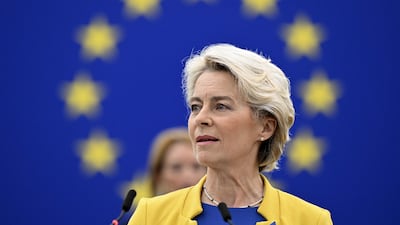 European Commission President Ursula von der Leyen speaks during a debate on 'The State of the European Union'. AFP
