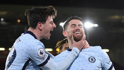 Chelsea's Jorginho celebrates scoring their second goal with Mason Mount. Reuters
