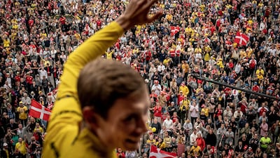 Tour de France winner Jonas Vingegaard celebrates with fans in Copenhagen, Denmark. Reuters