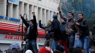 Tunisians demand the resignation of their country's interim prime minister, who was part of the regime of ousted president Zine El Abidine Ben Ali, on February 26, 2011. A political party affiliated with the Muslim Brotherhood has begun to regroup in the country.