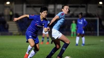 Ji So-yun of Chelsea runs past Caroline Weir of Manchester City during the FA Continental Tyres Cup semi-final at The Cherry Red Records Stadium on February 06, 2019 in Kingston upon Thames, England. Getty Images