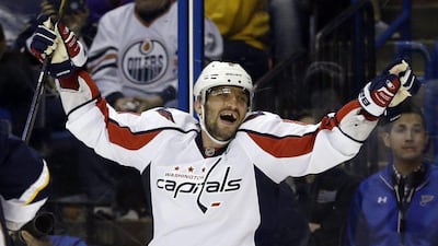 Washington Capitals' Alex Ovechkin, of Russia, celebrates after scoring against the St Louis Blues on Saturday in their NHL game. Jeff Roberson / AP / April 9, 2016