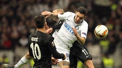 Inter Milan's Matteo Politano, centre, could be pressed into a striker's role against Eintract Frankfurt owing to Inter's problems. AFP