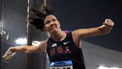 Stephanie Brown Trafton of the USA throws the discus during the women's discus throw athletics final.