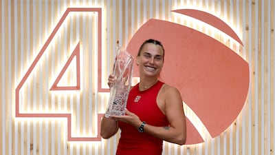Aryna Sabalenka with teh Miami Open trophy after defeating Jessica Peegula in the final at the Hard Rock Stadium in Florida. AFP
