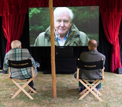 Sir David Attenborough sits with Prince William for a private outdoor screening of his upcoming film 'David Attenborough: A Life on our Planet'. AP