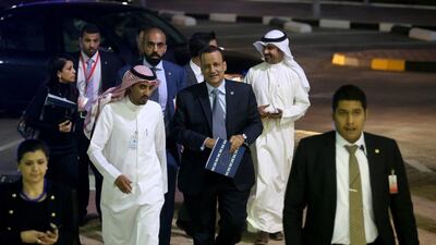 United Nations Special Envoy to Yemen, Ismail Ould Cheikh Ahmed (centre) arrives to give a press conference at the Information ministry in Kuwait City on April 26, 2016. The Kuwaiti emir met with Yemen's peace negotiators and urged them to forge ahead with a peace agreement. AFP / YASSER AL-ZAYYAT