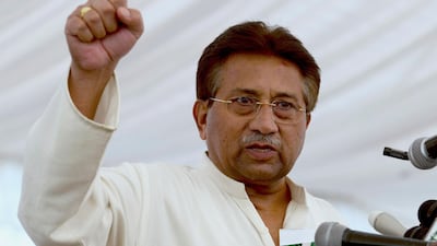 In this April 15, 2013, file photo, Pakistan's former President and military ruler Pervez Musharraf addresses his party supporters at his house in Islamabad, Pakistan. File