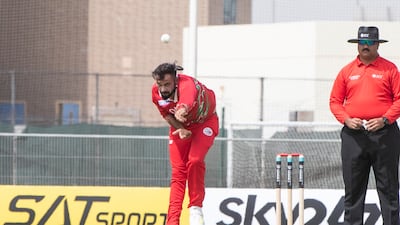 Bilal Khan bowls for Oman against the UAE during the Cricket World Cup League 2 match at the ICC Academy in Dubai.