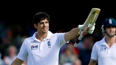 England's Alastair Cook reaches his 100 during the first day of the first cricket test match against South Africa at the Oval cricket ground, London, Thursday July 19, 2012. (AP Photo/Tom Hevezi) *** Local Caption *** Britain South Africa England Cricket.JPEG-0f9c2.jpg