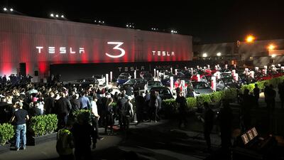Tesla Model 3 Fremont factory's production line in California. The firm has struggled to hit targets for the new saloon. Alexandria Sage/Reuters