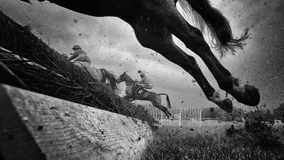 A general view as runners clear a fence during The 'Mick Finn' A Lifetime In Racing Chase at Chepstow Racecourse, Chepstow, Wales. Getty