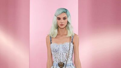 One of Dolce & Gabbana's signature fabrics, lace, arrived as a corset topped jumpsuit at the DG Digital Show 'Power Pastel' women's collection. Courtesy Dolce & Gabbana