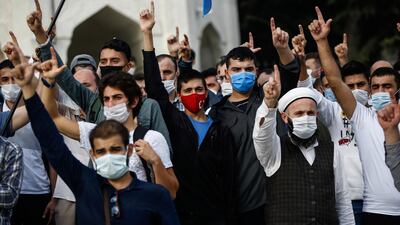 Demonstrators chant slogans during an anti-France protest in Istanbul. AP Photo