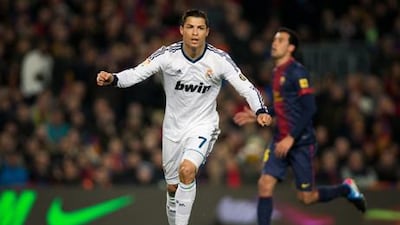 Cristiano Ronaldo celebrates his second goal against Barcelona in the Copa Del Rey semi-final at the Camp Nou.