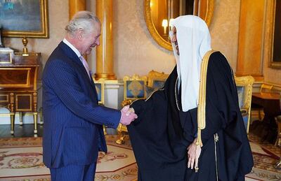 King Charles III greets Dr Mohammed bin Abdulkarim Al Issa at a previous meeting at Buckingham Palace in London. SPA