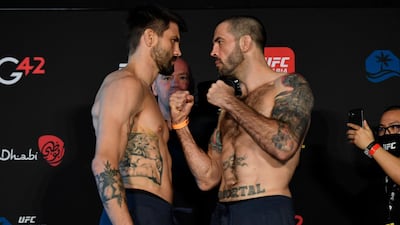 Carlos Condit and Matt Brown face off during the UFC weigh-in at Etihad Arena on UFC Fight Island. Jeff Bottari / Zuffa LLC / Getty Images / UFC
