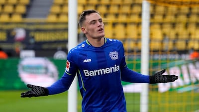 Leverkusen's Florian Wirtz celebrates after scoring against Dortmund on February 6, 2022. AP
