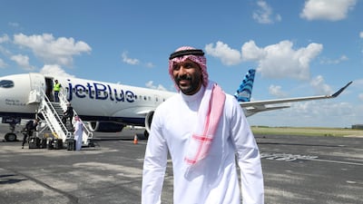 Al Ula goalkeeper Mohammed Al Owais disembarks with the rest of the Saudi Arabia men's team at Austin-Bergstrom International Airport. AFP