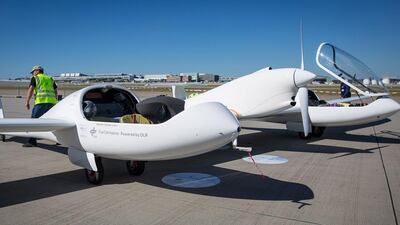The HY4 fuel cell zero-emission aircraft stands on its parking position at the airport in Stuttgart, southern Germany. Christoph Schmidt / EPA