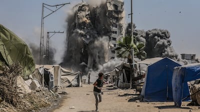 The bombing of Mushtaha Tower in an Israeli air strike in the west of Gaza city, Gaza Strip, on September 5, 2025. EPA