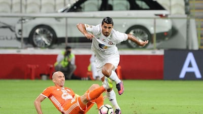 Al Jazira, in white, beat Sharjah 2-0 in an Arabian Gulf Cup match at Mohammed bin Zayed Stadium in Abu Dhabi on Thursday, November 10, 2016. Courtesy Arshad Khan