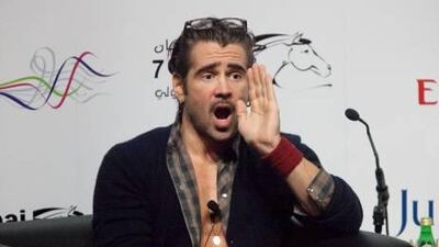 Colin Farrell takes part in a public question and answer session at the First Group Theatre, Madinat Jumeirah, yesterday.