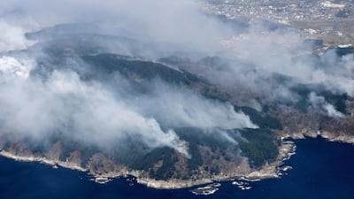 Columns of smoke rise from a mountainous area as wildfires burn around the town of Otsuchi in north-eastern Japan. Reuters
