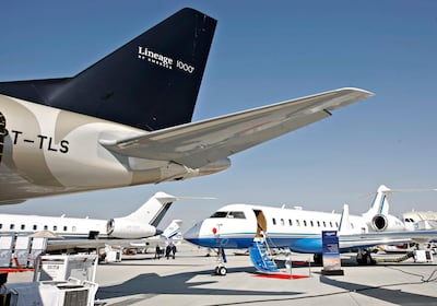 A Bombardier Global Express RS plane at the Middle East Business Aviation event in Dubai. Elton John was on a similar plane when his on-air ordeal began shortly after leaving Farnborough in the UK. Jeff Topping / The National