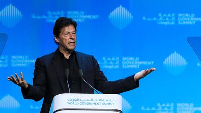 Prime Minister of Pakistan Imran Khan delivers a speech at the World Government Summit in Dubai. Victor Besa/The National