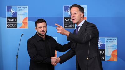 Nato secretary general Mark Rutte with Ukraine's President Volodymyr Zelenskyy at the Nato summit in The Hague. AP