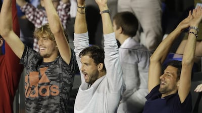 Grigor Dimitrov, centre, with Alexander Zverev, left, and Novak Djokovic at the Adria Tour. EPA