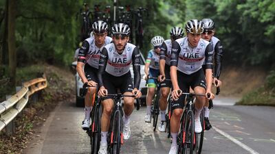 UAE Team Emirates' Slovenian rider Tadej Pogacar (R) cycles with teammates during a team training session, on June 29, 2023, two days prior to the start of the 110th edition of the Tour de France cycling race, in Bilbao, in northern Spain. (Photo by Thomas SAMSON / AFP)