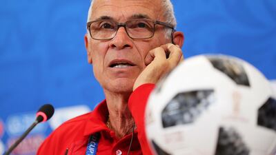 Egypt manager Hector Cuper speaks during a press conference in Volgograd ahead of the World Cup Group A match against Saudi Arabia on Monday. Zurab Kurtsikidze / EPA