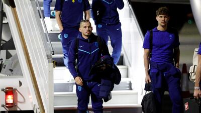 England's Kalvin Phillips and John Stones arrive in Doha ahead of the World Cup. Reuters