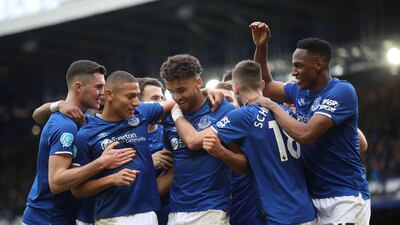 Richarlison, second left, and Dominic Calvert-Lewin, centre, were among the Everton goalscorers against Crystal Palace on Saturday. Reuters