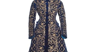 Dress in two parts, circa 1867, sapphire silk velvet embroidered in gold thread with bercelé rinceaux and grape-bunch motifs, with goldlace trim. Courtesy: Musée des Arts Décoratifs, gift of E. Hayaux du Tilly, 1935