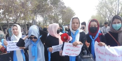 Roqia Saee, third right, at a protest in Kabul in March 2023, demanding broader access to education for girls in Afghanistan, shortly before she was arrested for a second time. Photo: Roqia Saee