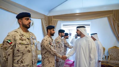 Sheikh Theyab bin Mohamed offers condolences to the family of Issa Ghuloom Al Balushi. Photo: @ADMediaOffice / X