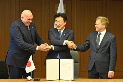 From left, defence ministers Guido Crosetto of Italy, Minoru Kihara of Japan and Britain’s Grant Shapps after a signing ceremony for the Global Combat Air Programme. EPA