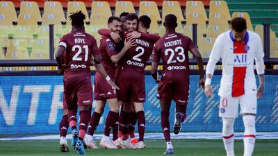 Metz's Fabien Centonze celebrates scoring their goal. Reuters