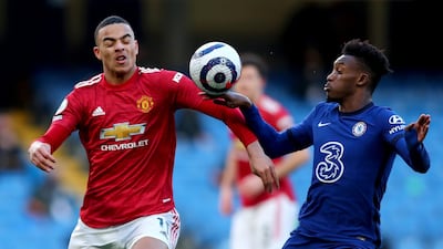 The ball hits the hand of Callum Hudson-Odoi during the goalless draw with Manchester United on Sunday, February 28. Referee Stuart Attwell decided against giving a penalty after viewing it on the pitchside monitor. Getty
