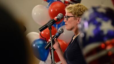 Democrat Chrissy Houlahan declares victory at her election night headquarters in Phoenixville, Pennsylvania. EPA