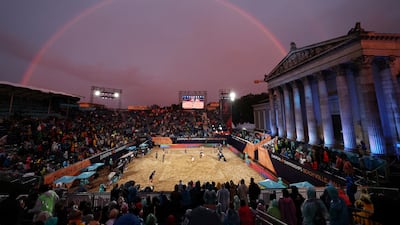 Latvia v Switzerland in the final of the women's beach volleyball at Konigsplatz, Munich. Reuters