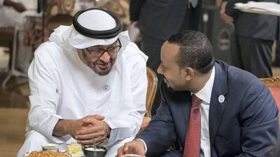 Sheikh Mohamed bin Zayed in a discussion with Abiy Ahmed at the Jubilee Palace. Mohamed Al Hammadi / Crown Prince Court - Abu Dhabi