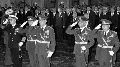 The late Gen Kenan Evren (centre) in Ankara after the 1980 coup. (Burhan Ozbilici / AP)