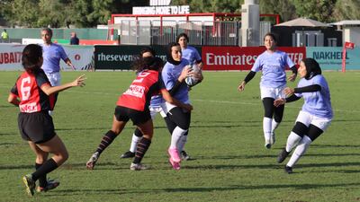 Saudi Tuwaiq in action against AUC Rugby in their final pool match at the Emirates Dubai Sevens.