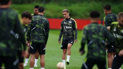Antony takes part in United's training session at the Aon Training Complex, Manchester. PA