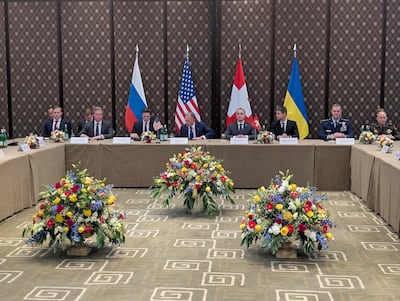 The US delegation in place for first day of the third round of trilateral talks between delegates from Russia, Ukraine and the US in Geneva. AFP